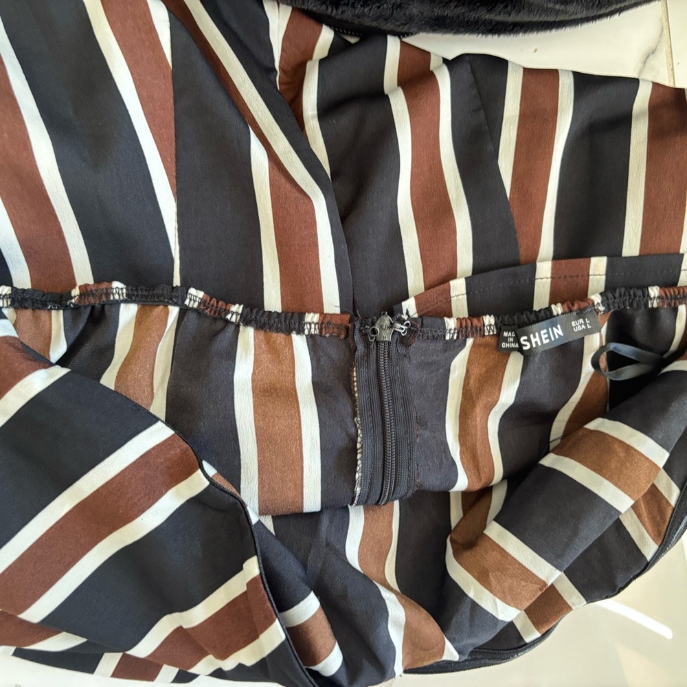 SHEIN Off-Shoulder Striped Jumpsuit in Black White & Brown - Picture 12 of 16